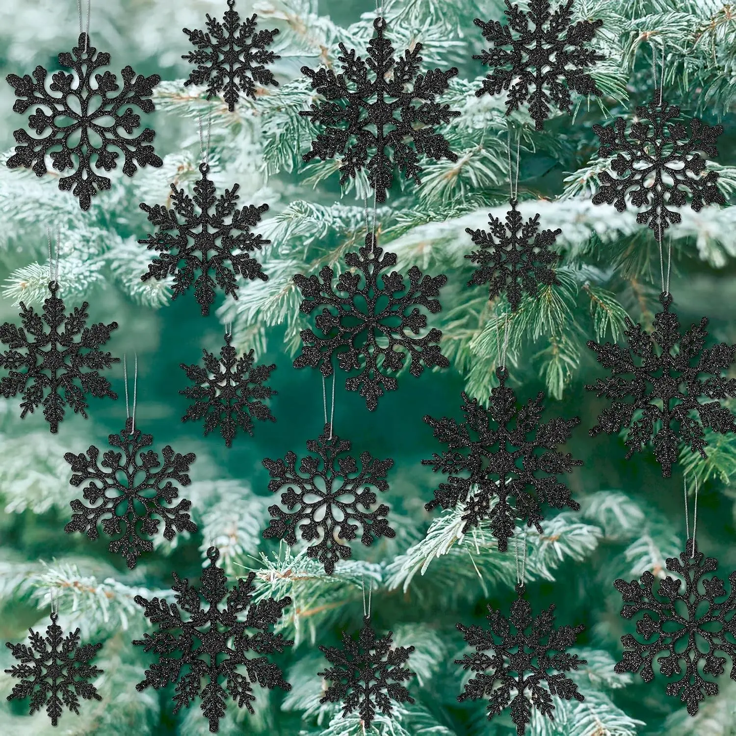 48PCS Christmas Ornaments Bulk, Black Indoor Christmas Snowflakes Decor, Plastic Glitter Snowflakes Tree Decorations, Xmas Tree Ornaments for Indoor Outdoor Ceiling Fireplace Winter Wonderland Decor