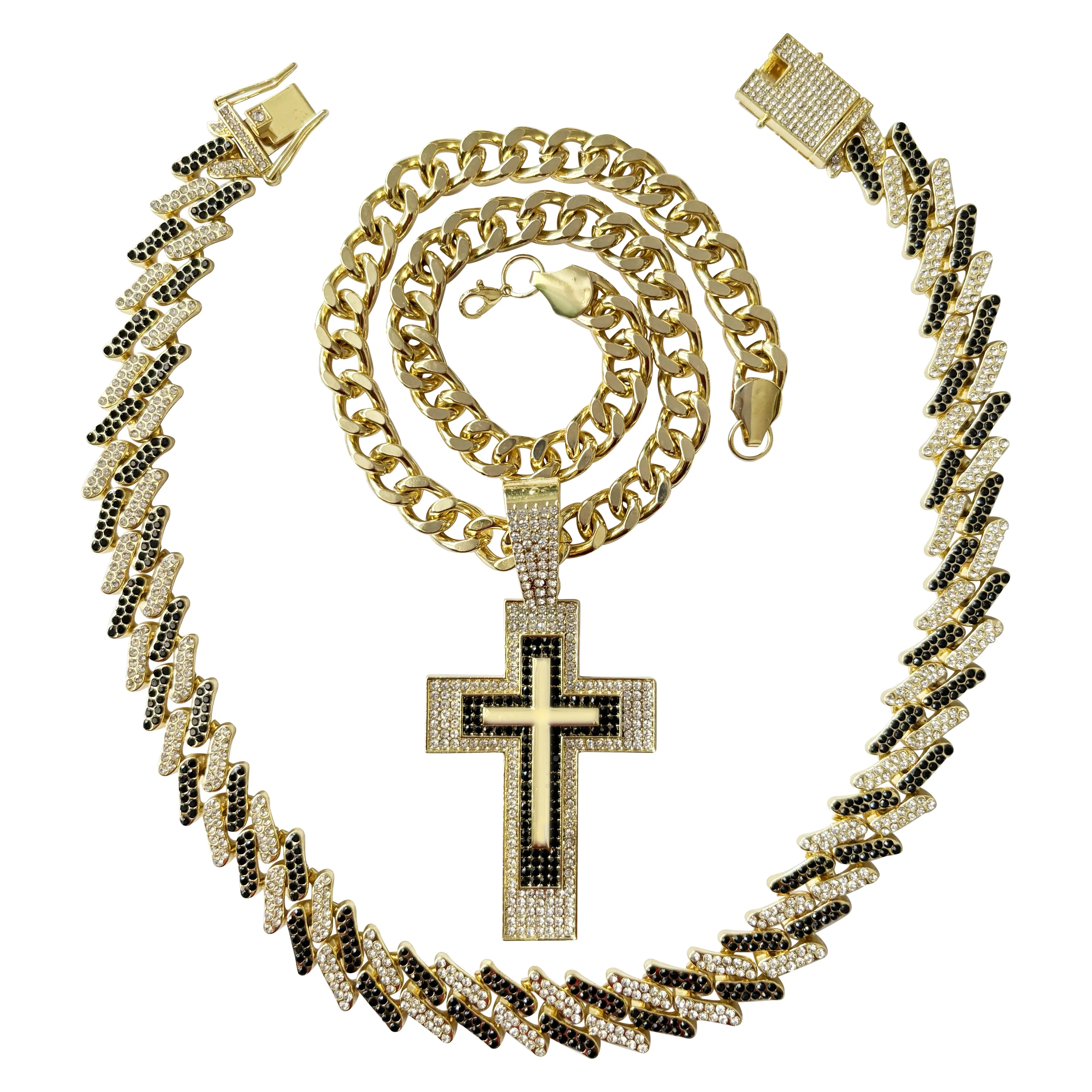 Z Two Tone Chain with Thick Cuban Chain and Ice Cross Pendant