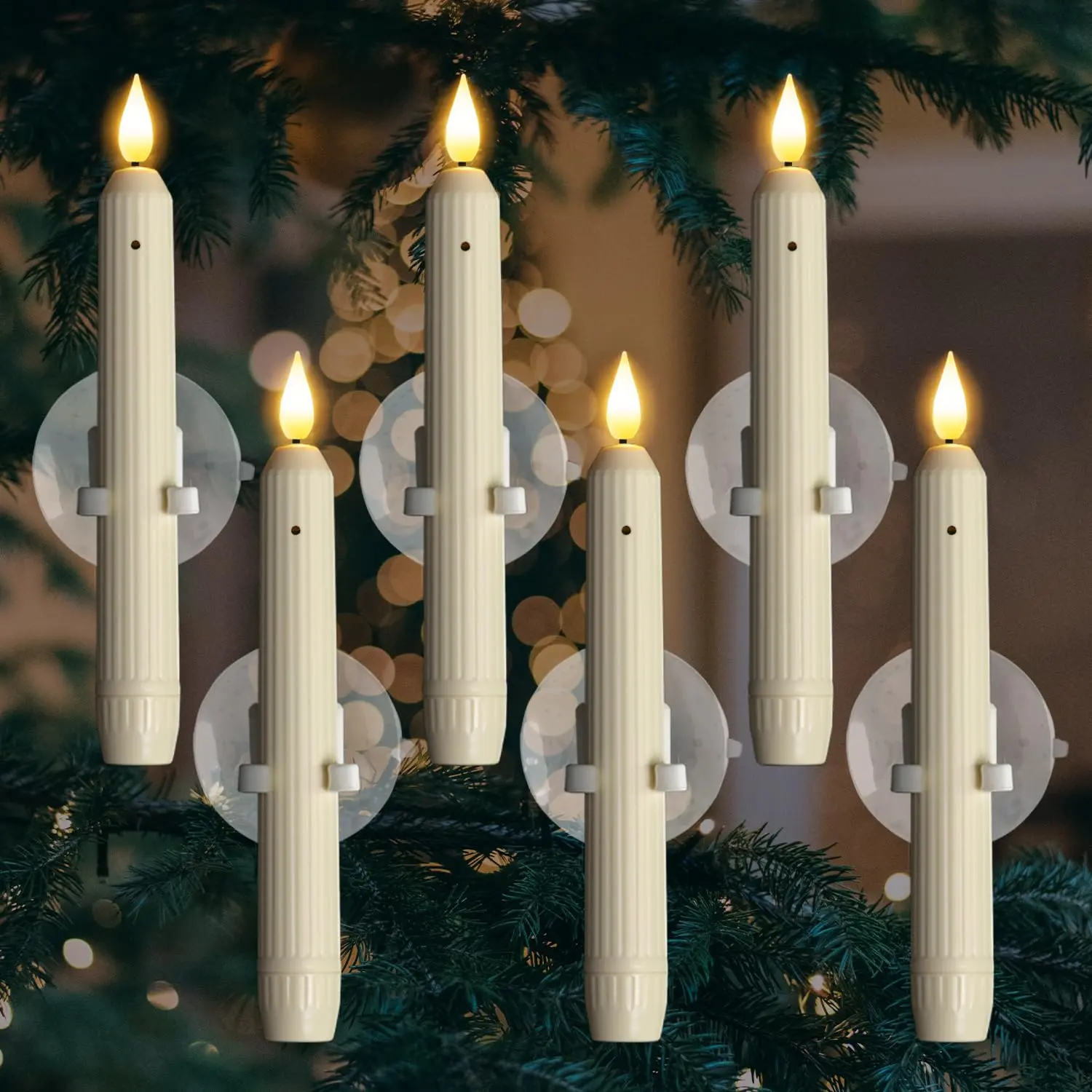 6 Pcs Flameless Taper Window Candles,Dusk to Dawn Sensor Ivory Roman Column Candles with Suction Cups, Battery Operated Flickering Lights for Christmas Home Window Decor