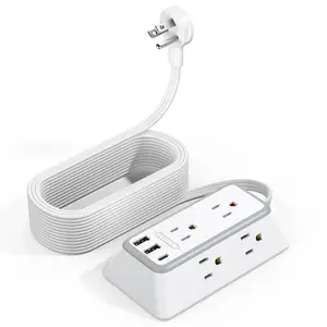 5FT/10FT/15FT/25FT Black/White Extension Cord, NTONPOWER 1080J Flat Plug Surge Protector Power Strip with 6 Outlets & 3 USB Ports (1USB C), 3 Side Outlet Extender, Wall Mounted Extension Cord for Home Office Living Room