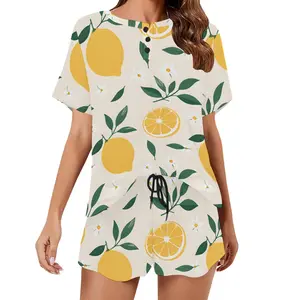 Lemon Print Short Sleeve Pajama Romper - Cream Green & Yellow Summer Sleepwear, Cozy TikTok Viral Women's Loungewear with Button Front & Drawstring Waist