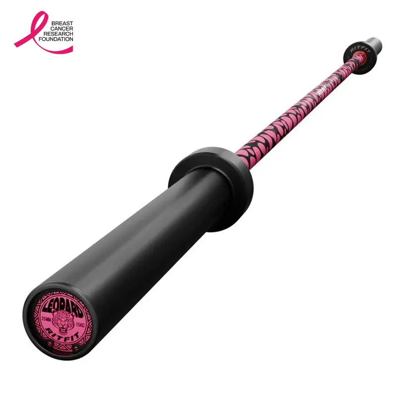 RITFIT Women's Pink Leopard Print Straight Weighted Bar - 15kg, 25mm Hand Grip, Ceramic Coating, Smooth Spin, 1200 lbs Load Capacity, 3D Aluminum Logo, Muscle Exercise Equipment for Home Gym Workout Gear