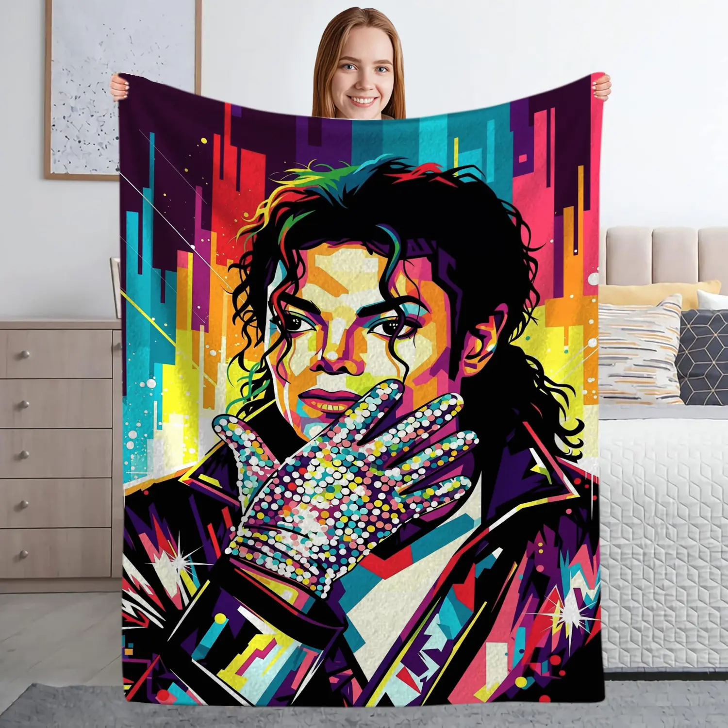 Michael Jackson Art Theme Blanket, High-Weight Flannel Fabric, Soft and Warm, Anti-Wrinkle, Easy Clean, Machine Washable Blanket, Soft Warming Blanket, Perfect Gift for Fans Music Legend King Of Pop Lounge T