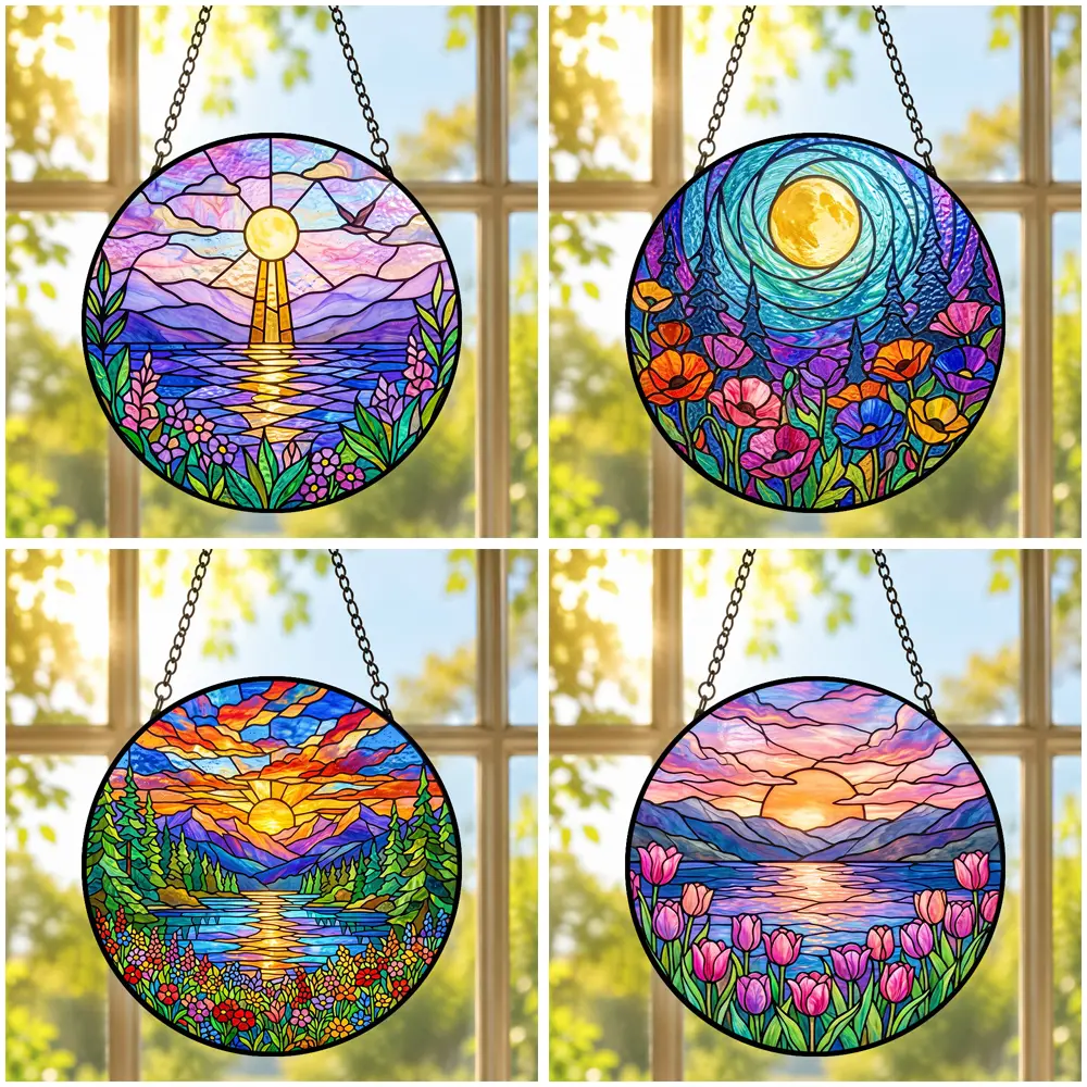 Stained Glass Suncatcher Window Hanging - Light, Magical, Colorful Vibrant Landscape Moon & Sun Decor, Aesthetic Home Hanging Decor, Perfect Gift for Nature Lovers