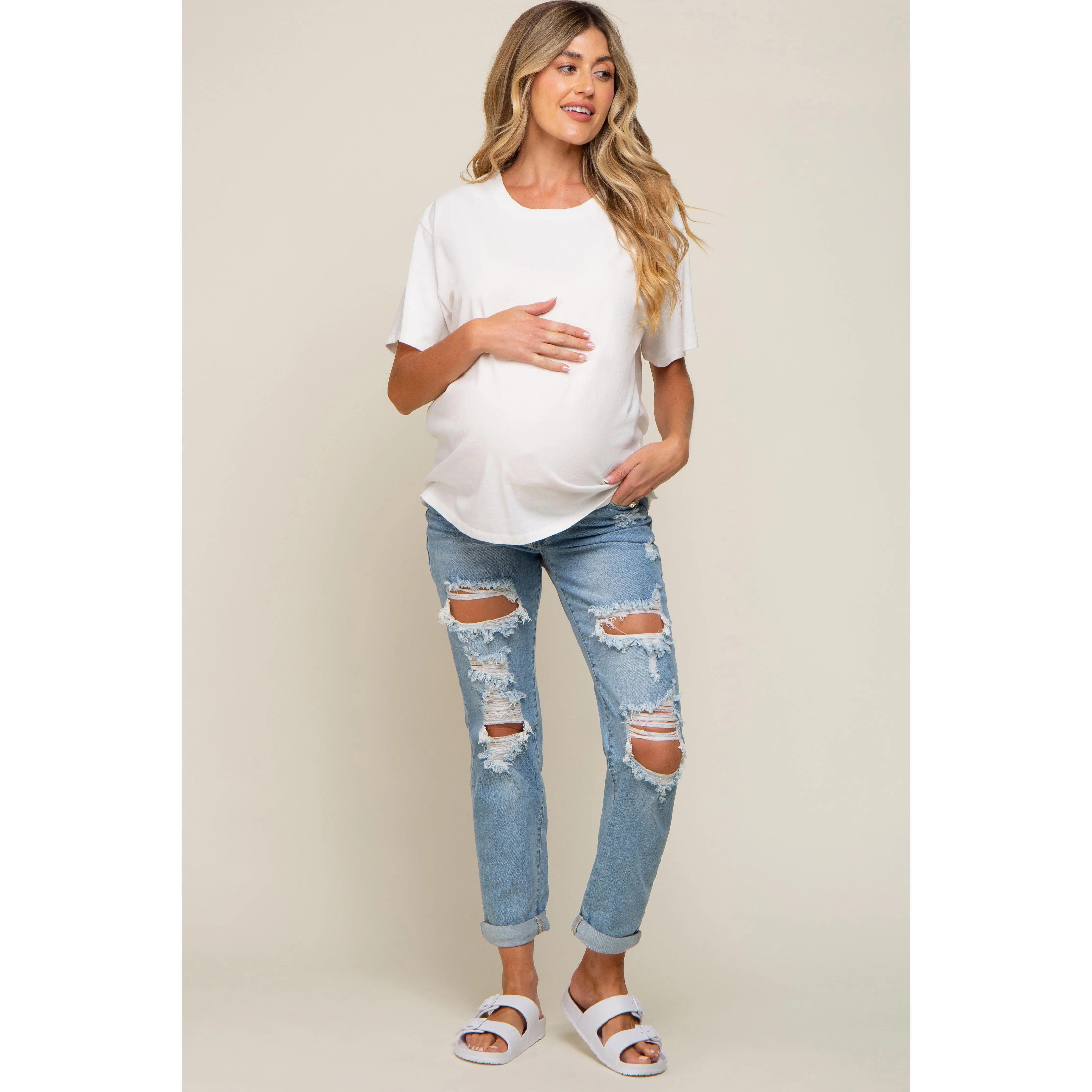 Light Blue Distressed Cuffed Maternity Skinny Jeans