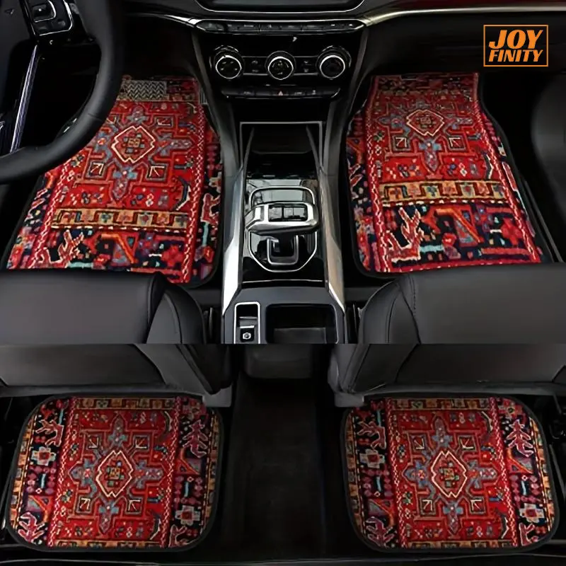 Joyfinity Suitable for all car models, 4pcs set Red Retro Chinese Ancient Stylegrids Pattern Car Carpet, All Year Round Vehicle Carpet, with non-slip Bottom Seat, Easy to Clean Car Interior Accessories