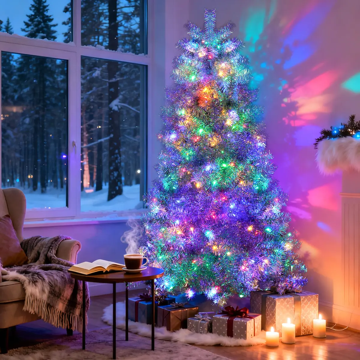 Aobtkel6FT Sliver Pre-Lit Artificial Christmas Tree, Hinged Full Tree with Metal Stand, 800 Branch Tips, 300 LED Lights,11 Lighting Modes, Holiday Decoration Tree for Indoor and Outdoor