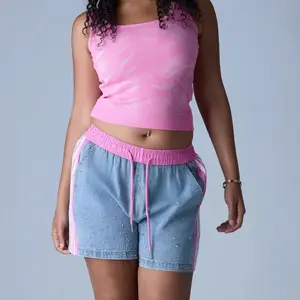 Rhinestone Denim Shorts with Pink Waistband | Y2K Streetwear Sparkle Shorts