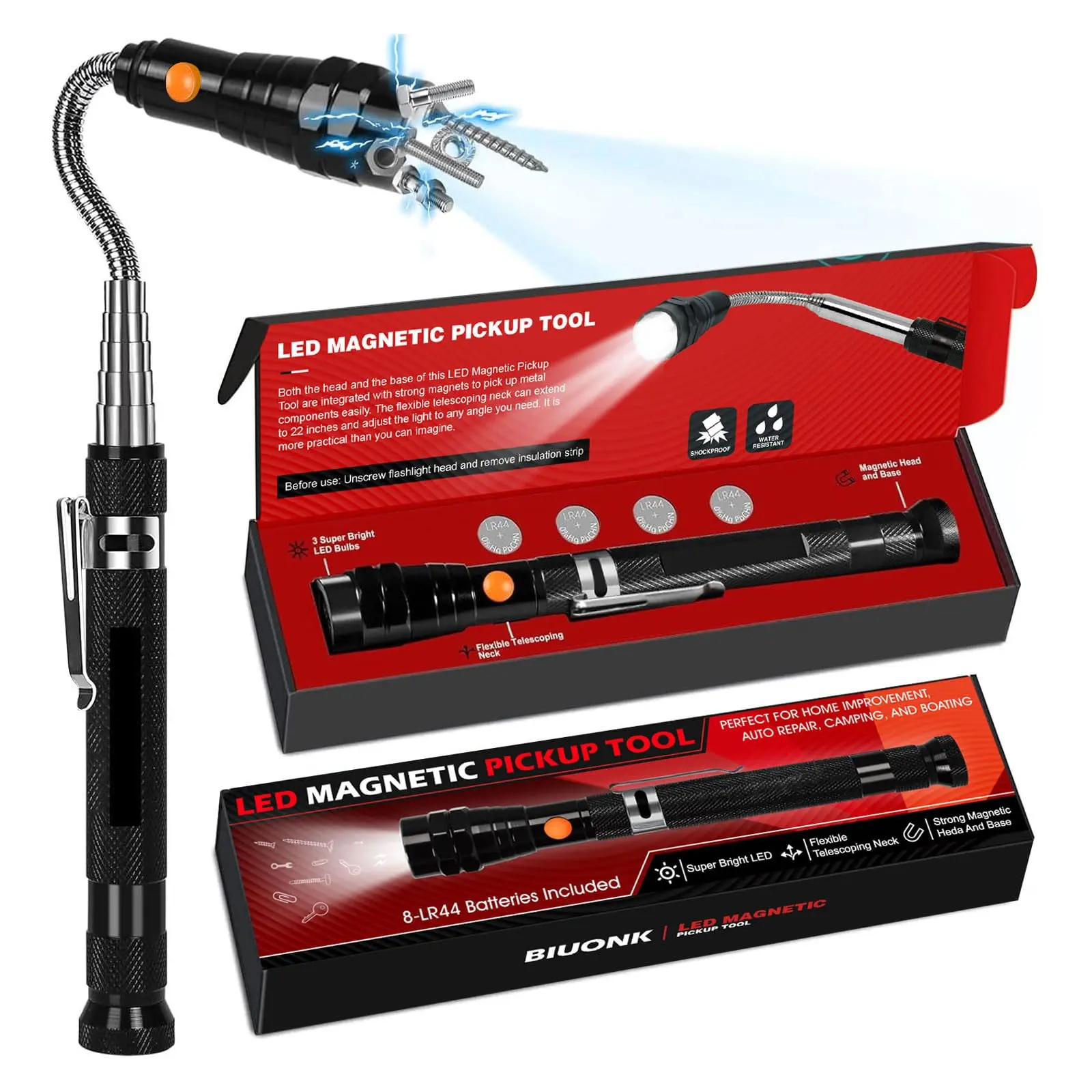 LED Magnetic Pickup Tool with Flexible 22in Extendable Neck, Light, Battery-Powered Telescoping Flashlight, Great for Car, Garage, Home Fixes, Cool Gadget Gift for Men (Black)