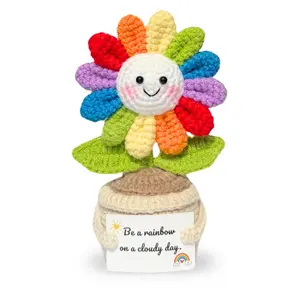 Handmade Emotional Support Rainbow Flower - 100% Crochet Potted Plant - Easter Basket Stuffer & Teen Girl Gift - Aesthetic Dopamine Desk Decor - Crochet Figure