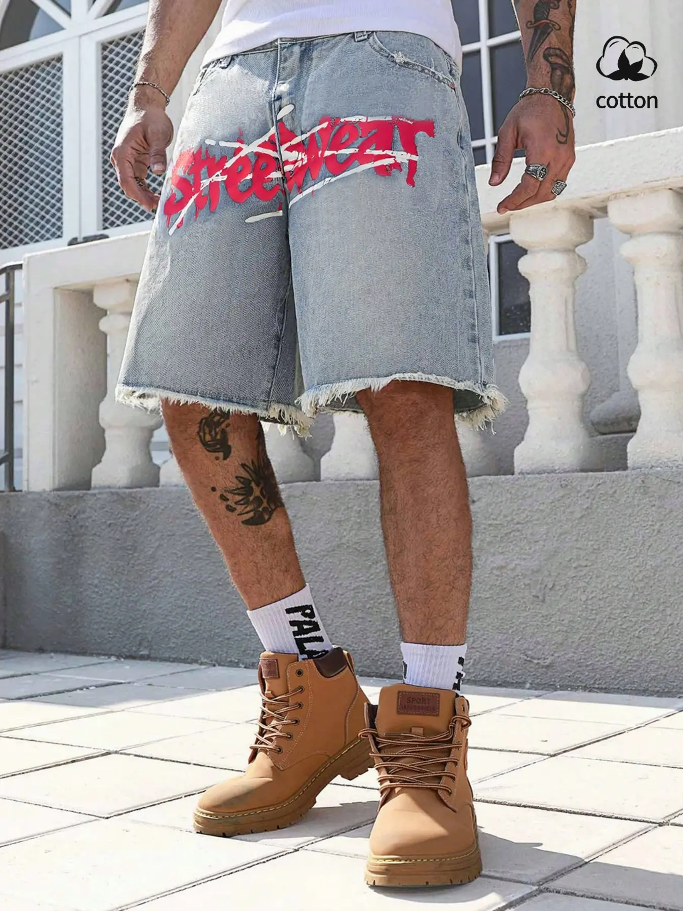 Men's American vintage washed printed denim shorts, loose straight-cut five-inch pants, featuring personalized trendy Streetwear printing craftsmanship, are a casual and versatile gift recommendation High Street Style Jeans Loose Fitting Jeans
