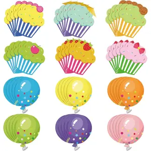 60 Pieces Colorful Cupcake Cutouts Birthday Classroom Bulletin Board Decorations Creative Cupcakes Balloons Cutouts Name Tags for Classroom Door Decorations (Cupcake, Balloons)