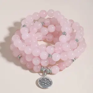 Sofia 108 Mala Beads Natural Rose Quartz Stone Bracelet 8mm Gemstone Crystal Wrap Necklace for Daily Use Gift for Her Him Elastic 36 Inch Length