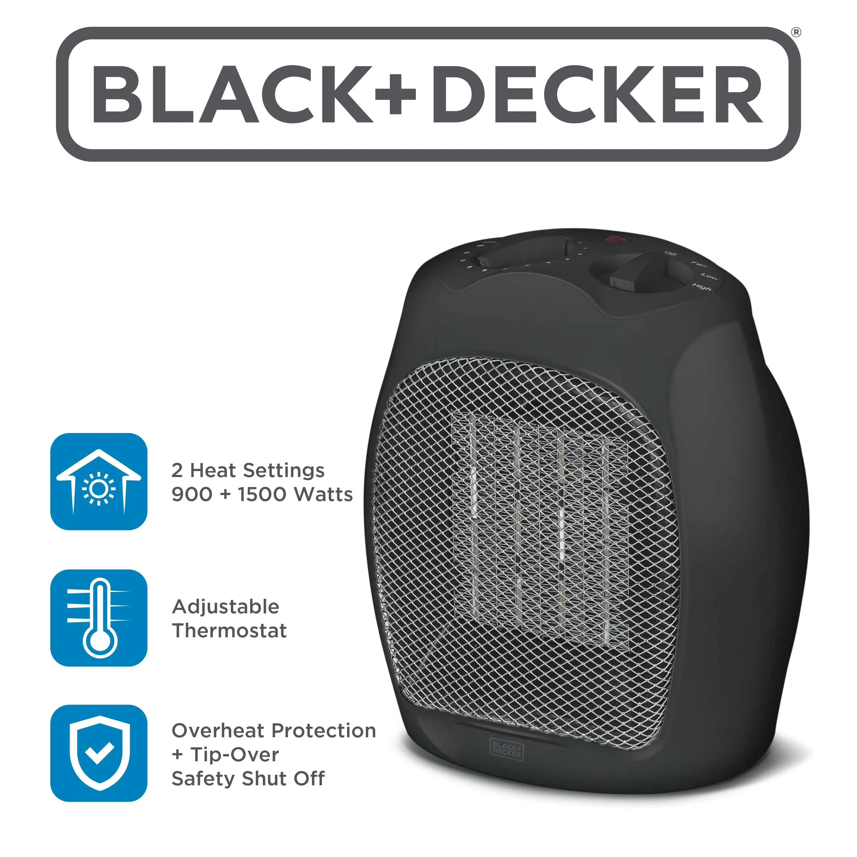 BLACK+DECKER Electric Heater, Portable Heater with 3 Settings, Ceramic Heater for Office, Home or Bedroom, Space Heater with Adjustable Thermostat Control, Black