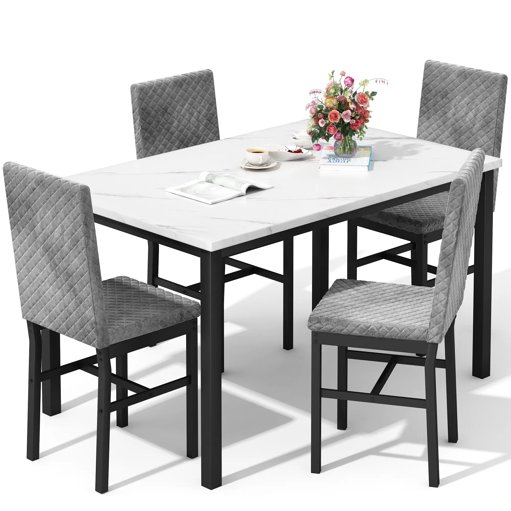 Dining Table Set for 4, Faux Marble Kitchen Dinner Table Set with 4 Upholstered Velvet Chairs, Dining Room Table Set for Kitchen Dining Home