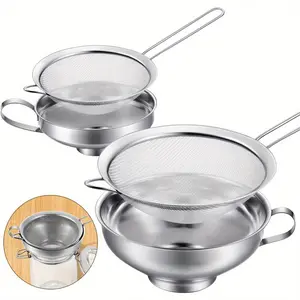 4 Pcs Stainless Steel Funnel with Fine Mesh Filter, Household Funnel Kitchen Canned Funnel with Stainless Steel Hopper Colander Strainer Utensils Kitchenware