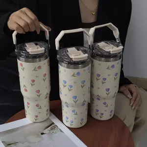 900ml Flower Pattern Vacuum Flask, 1 Count Portable Large Capacity Insulated Water Bottle with Straw & Handle, Leakproof Insulated Tumbler, Summer Cool Bottle Drinking Cup for Home Office Outdoor Travel, Drinkware Tumbler