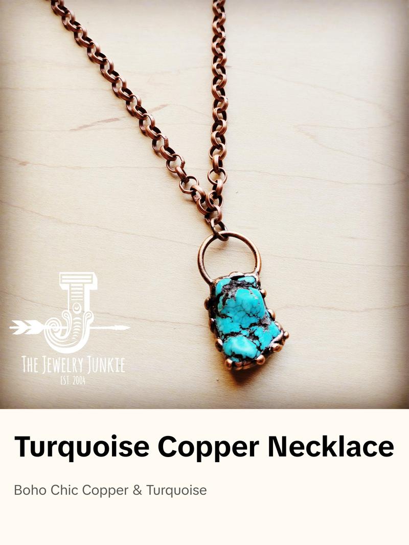 Long Copper Necklace w/ Turquoise and Copper Pendant 255f