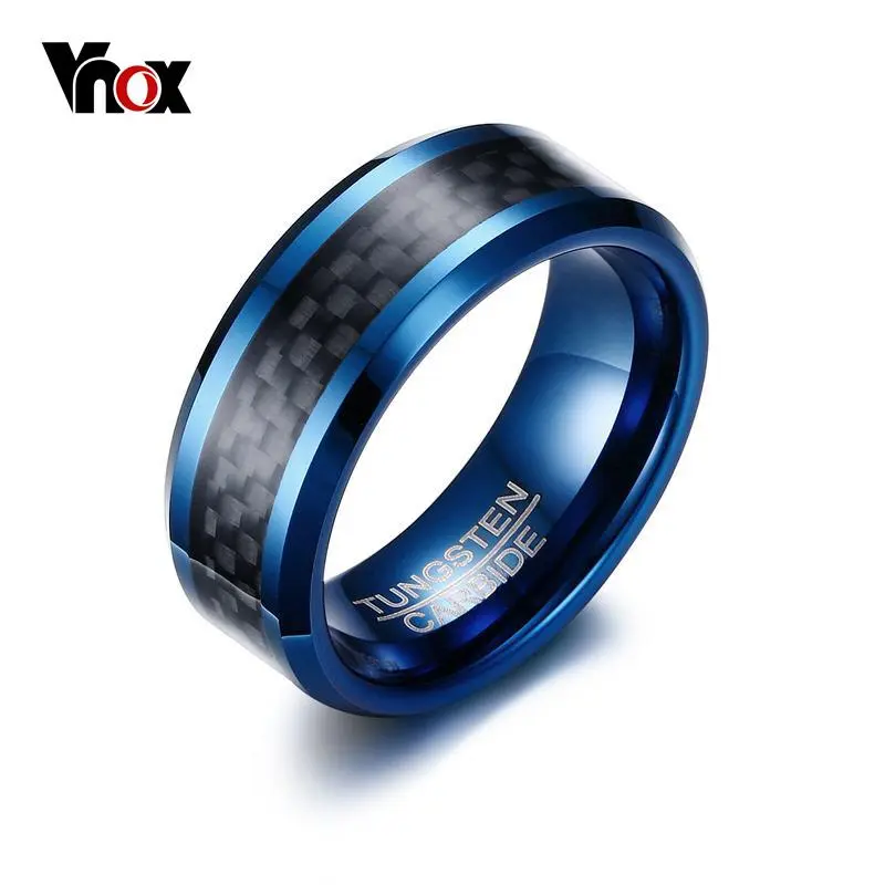 Vnox Blue Tungsten Rings for Men Wedding Bands 8mm Men's Carbon Fiber Tungsten Carbide Men Ring Jewelry