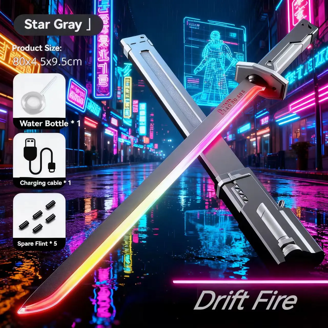 31.5 Inches Cyberpunk Electric FX Sword – Spark & Mist Blade with RGB Lights, Sound Effects, and Replaceable Flint