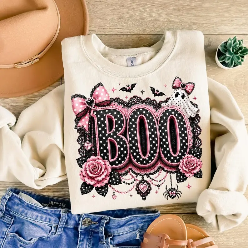 Coquette Halloween sweater, Cute Ghost sweater, Lacey Ghost With Bow Fall sweater