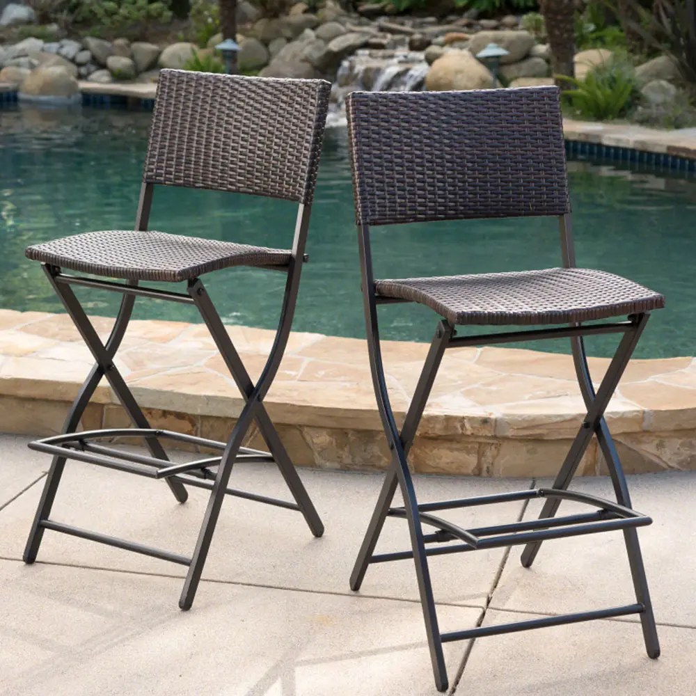 Outdoor Wicker Barstools Faux Rattan Patio Bar Stools Foldable Chair, Multibrown, Set of 2