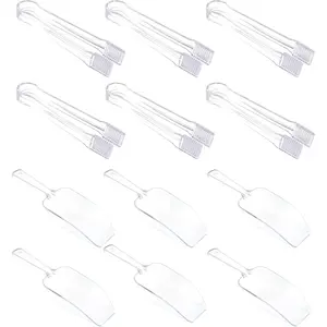 12Pcs Clear Plastic Ice Scoops Tongs Set, Small Tongs for Serving Food, Mini Candy Scoops for Candy Buffet Dry Goods Freezer Bin Canisters (Clear)