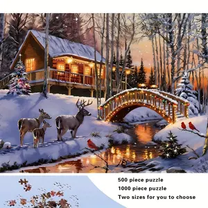 S&H 300/500/1000 Pieces Adult Large Wooden Puzzle - Snow Cabin with Deer and Christmas, Challenging Piece Count, Portable Box Suitable for Family Game Night, /Christmas/Festival Gift