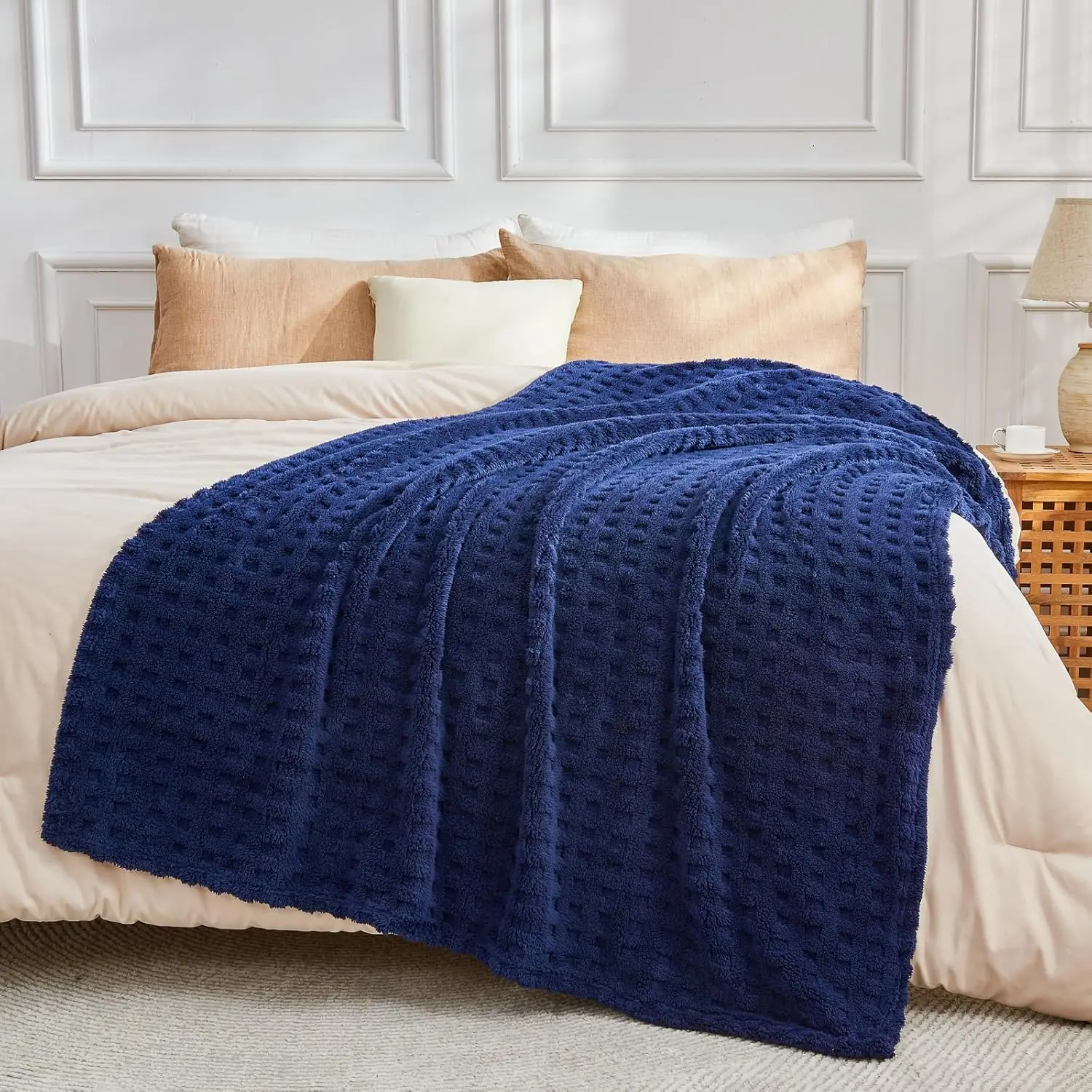 Premium Silky Flannel 3D Waffle Checkered Blanket - Dark Navy, King Size (90"x110"), Wrinkle Resistant, All Seasons Use, Ideal for Christmas, Father's Day, Birthday Gifting