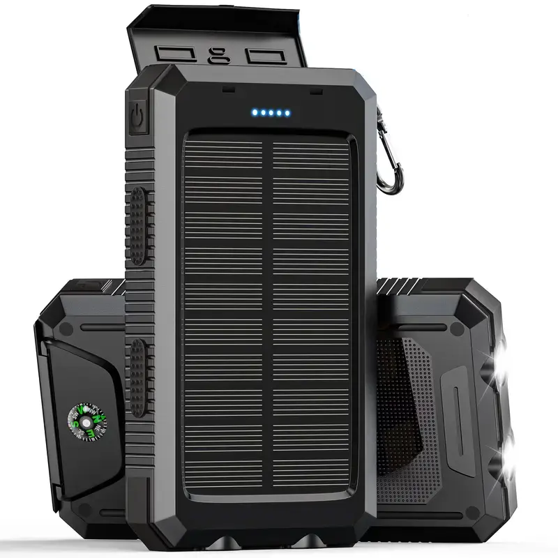 Portable Waterproof Solar Power Bank 10000mAh, Outdoor Emergency Charger Dual USB-A Ports with Built-in LED Flashlight for Camping Hiking