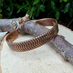 Unisex Herringbone Copper Cuff Bracelet - Rustic, Antique Patina Design