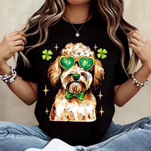 Adorable Dog Wearing Green Heart Sunglasses and Clover Print T Shirt a White Crew Neck Casual Outfit for St Patrick's Day