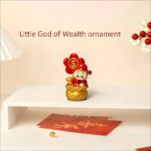 Cute Mini Resin Fortune God Figurine, Traditional, Holding Yuan Bao Money Bag, Desk/counter/car Use, Attracts Wealth