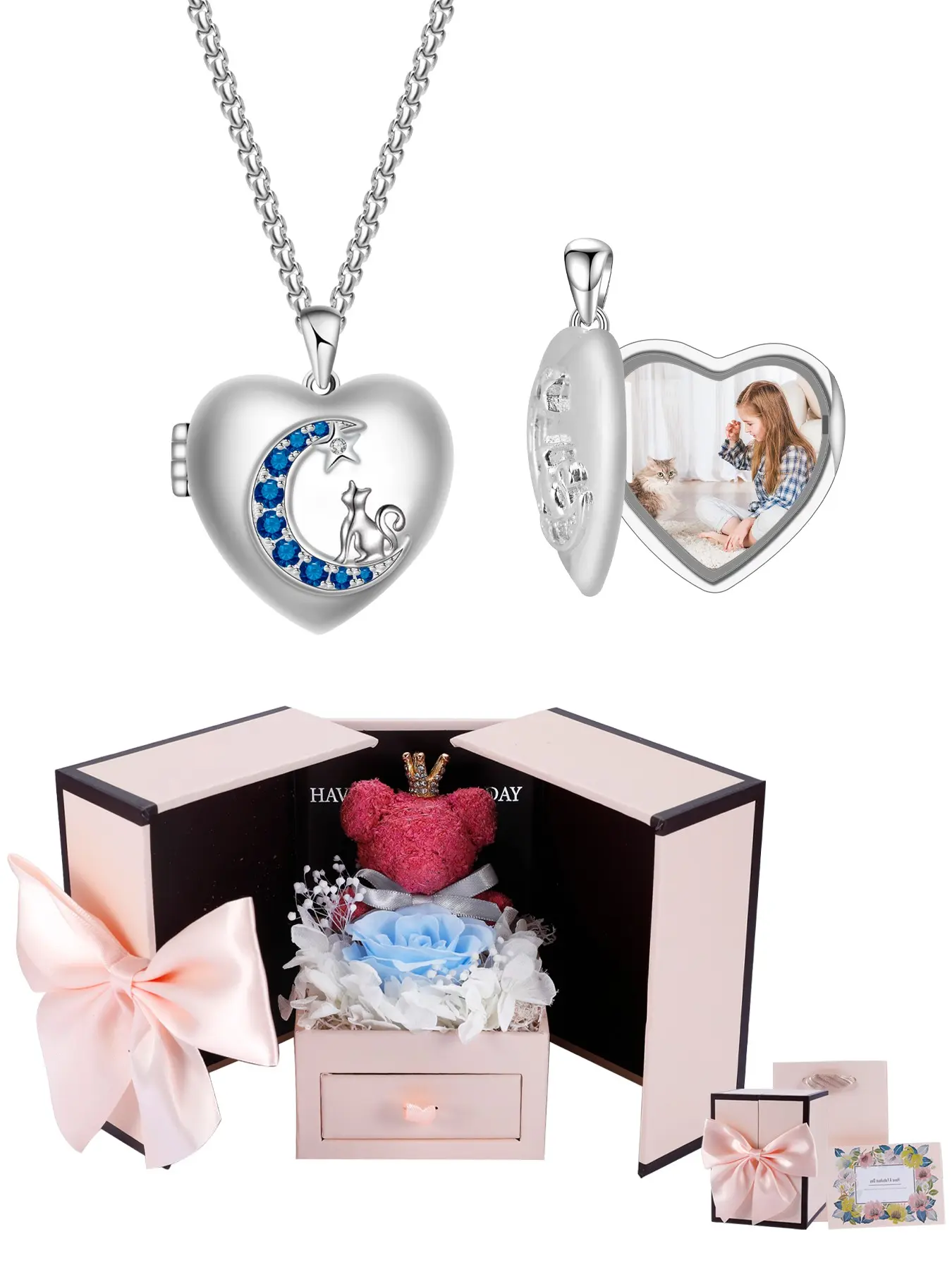 Personalized Customized Pet Cat Locket Necklace With Moss Bear Rose Jewelry Gift Box, Heart Lockets Animal Picture Necklaces, Birthday Christmas Jewelry Gift for Girl Daughter Wife Girlfriend