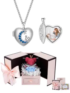 Personalized Customized Pet Cat Locket Necklace With Moss Bear Rose Jewelry Gift Box, Heart Lockets Animal Picture Necklaces, Birthday Christmas Jewelry Gift for Girl Daughter Wife Girlfriend