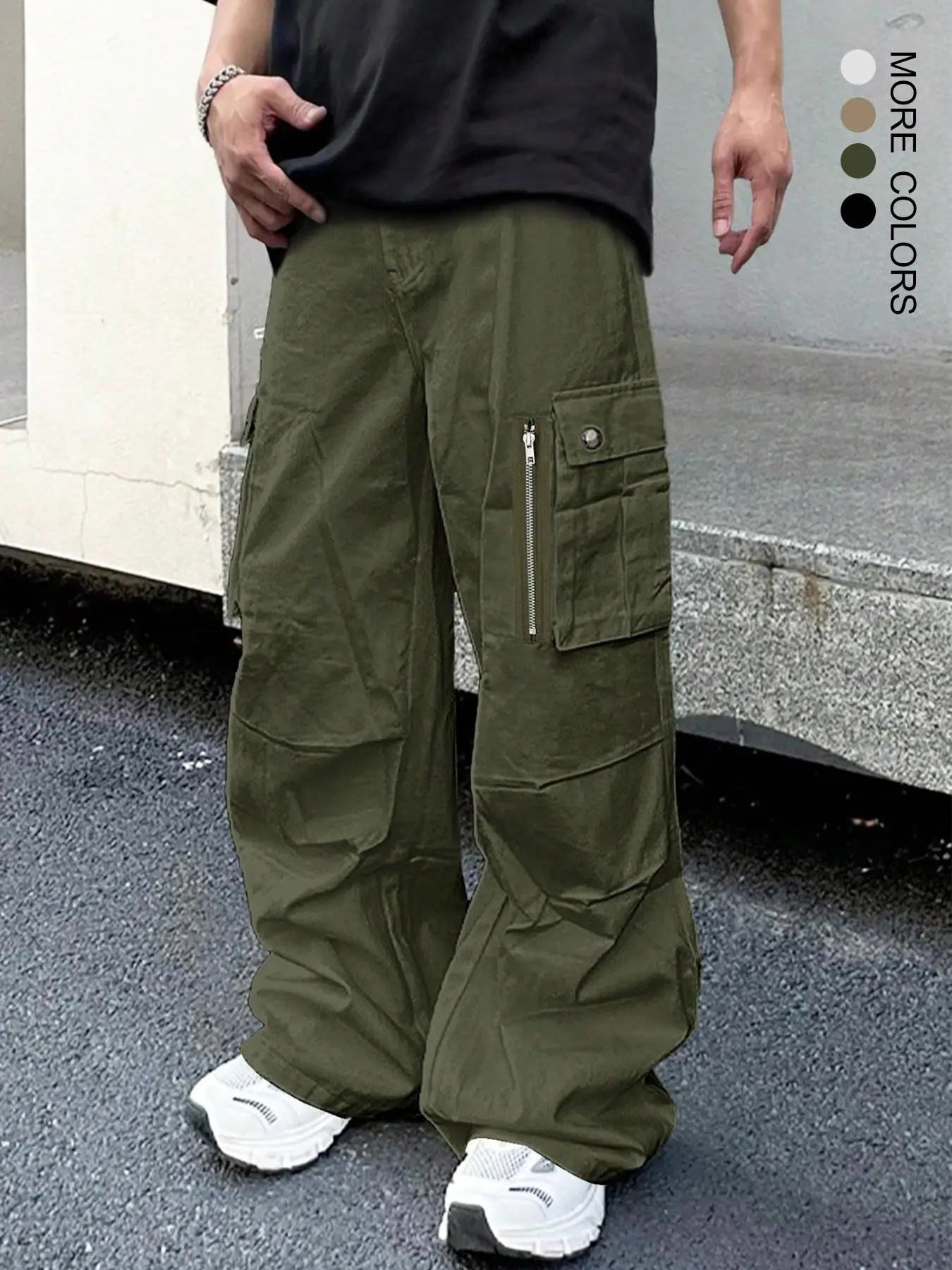 Unisex's Loose Solid Button Drawstring Waist Cargo Pants, Street Fashion Casual Oversized Pocket Elastic Waist Wide Leg Trousers for Daily Wear, 2000s