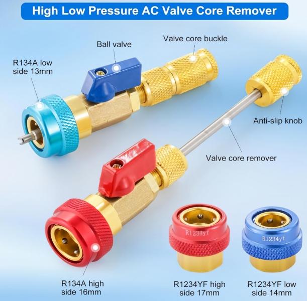 AC Schrader Valve Core Remover Installer Hand Tool Kit with Knurled Grip, R134a Ready HVAC Refrigeration Maintenance Set, Tools for Mechanics, Car Accessories, Compatible with R1234YF/R22 Systems, W/ Spare Valve Cores & Rubber O-Ring Seals