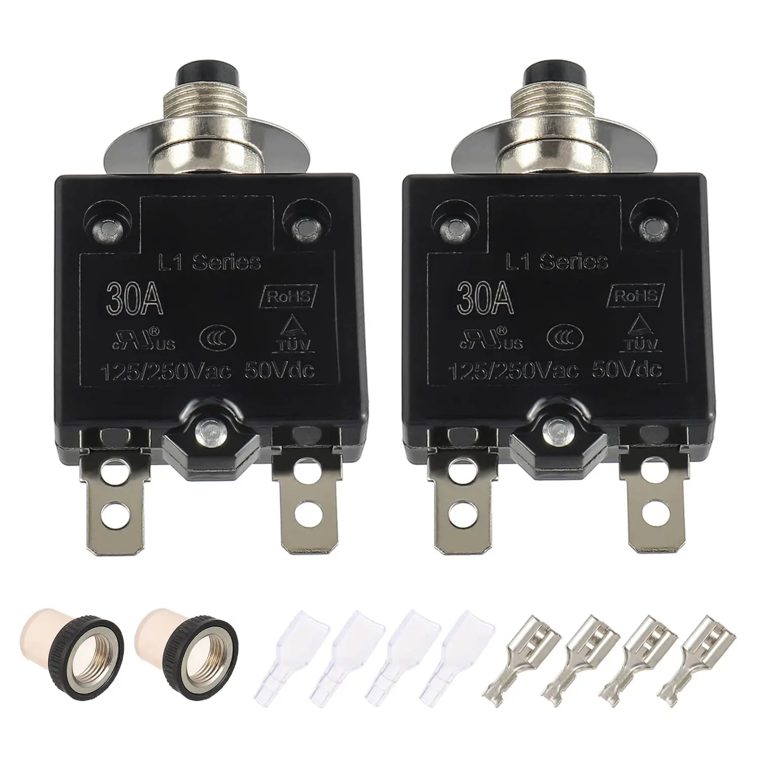 30A Manual Reset Push Button Circuit Breaker 125/250V AC 50V DC Thermal Overload Protector with Quick Connect Terminals and Waterproof Button Caps Assortment Kit(Pack of 2 pcs)