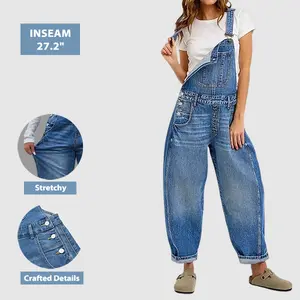 Flamingals Wash Button Side Mid Waist Barrel Leg Overalls Womenswear