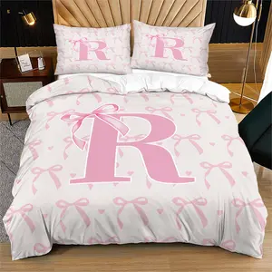 Pink bow letter pattern, soft bedspread set, Quilt Bedding Set includes 1 quilt cover and 1 or 2 pillowcases, without cotton filling, perfect as a holiday or birthday gift
