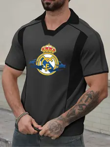Fashion Two-Tone Patchwork Polo Shirt, Sporty Print Lapel, Youth Daily Streetwear, Slim-Fitting Casual Polo for Young Adults