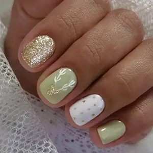24pcs Short Square Press-On Nails, Matcha Christmas Deer Glitter False Nails, Acrylic Nail Stickers, Easy to Wear, Perfect for Women, Nail Art Kits