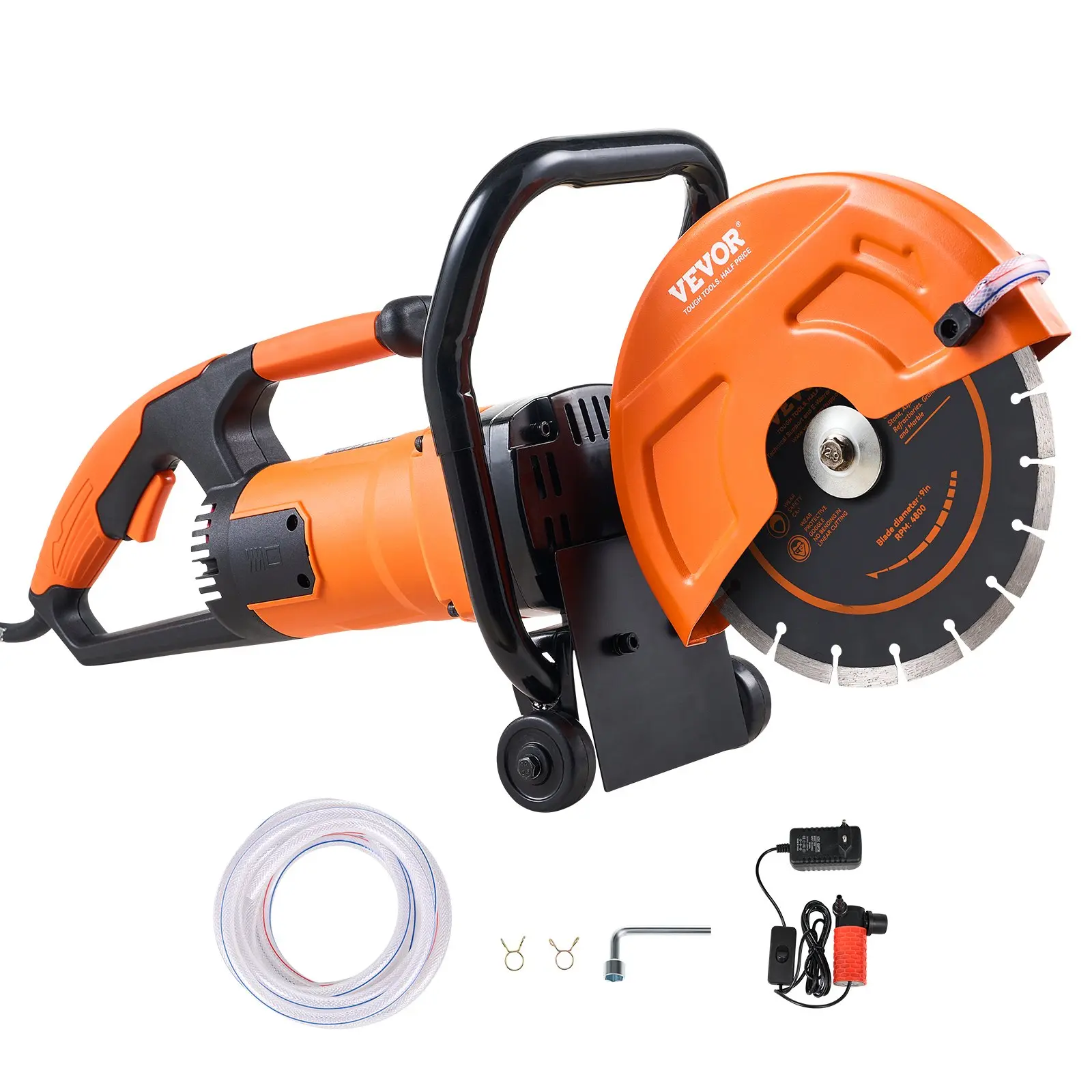 【DealsForYouDays】VEVOR 9 in 1800 W Electric Concrete Saw, 5800 rpm, 3.5 in Cutting Depth, 18.3 lbs, 28 x 21 x 13 in Wet/Dry Disk Cutter with Water Line, Pump, Blade, Clean Wet Cutting for Stone, Brick Heavy Duty Power Tool