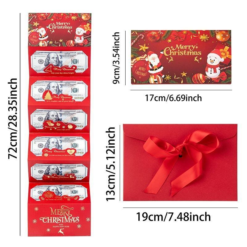 4 PACK Christmas Santa Dollar Folding Red Envelopes Gold Stamping Gift Pack with Ribbon 6 Slot DIY Holiday Cash Envelopes for Party and Festive Decorations
