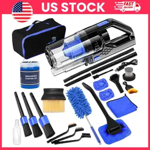17 Piece Car Cleaning Kit with Cordless Handheld Vacuum and Interior Detailing Tools Set for Car Interior Deep Cleaning, Portable Auto Detailing Kit with Brushes, Windshield Cleaner and Accessories for Cars, SUVs, Trucks, Home Use, Gift for Men and Women