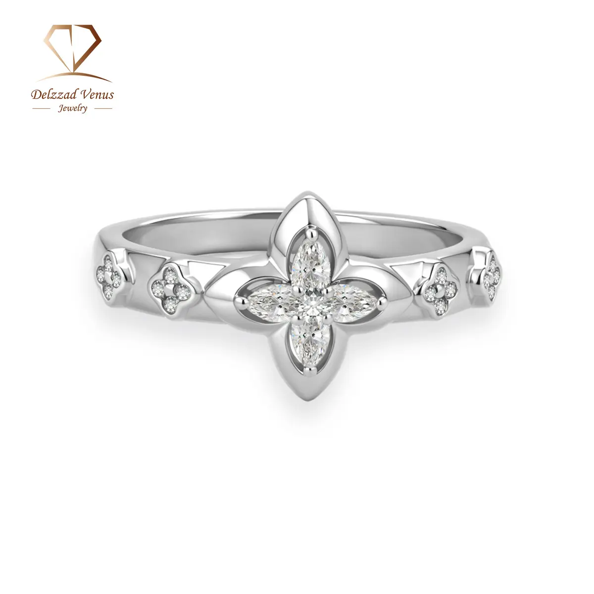 Delzzad 0.2ct Guiding Light Flora Ring Four Leaf Ring Band Clover Ring Petals of Grace VVS Synthetic Moissanite Ring Jewelry Copper Band Perfect Birthday Engagement Wedding Anniversary Christmas Valentine's Day Mother's Day Gift