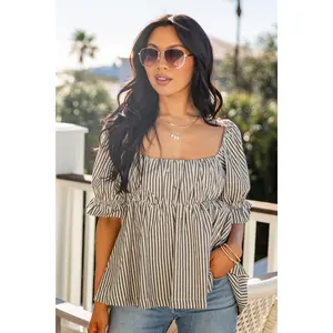 Simple Favorite Striped Puff Sleeve Blouse - DU Deal