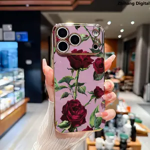 Rose Flower Pattern Soft Case for iPhone 17 Pro Max Air 16 Plus 15 14 13 12 11 Elegance Luxury Golden Edge Electroplating TPU Phone Protection Cover Premium Slim Shockproof Lightweight Protective Cover Advanced fashion gift