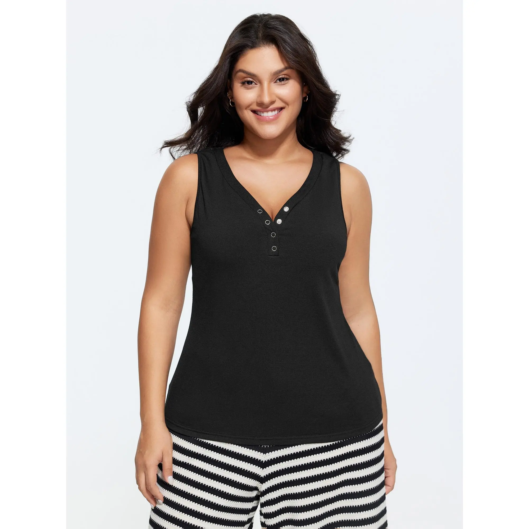 BLOOMCHIC Plus Size Sleeveless Supported Bra Tank Top - Button Detail, Split Neckline, Basic Casual Fabric with Spandex, Size M-6X ,Summerfinds, Comfy, Everyday, Minimalist, Garment, Simple, Breathable, Low Iron, Spandex Blend, Polyester Mix, Button Front