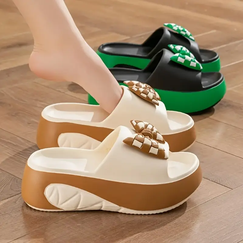 Women's Chunky Platform Slide Sandals - Checkered Bow Decor, Non-Slip Sole, Comfy & Cute Fashion Slippers for Summer Casual & Vacation Wear | Shoe, Footwear with Height-Boosting Style, Chunky Platform Adds Height And Style, Flatform Women's Fashion Slippe